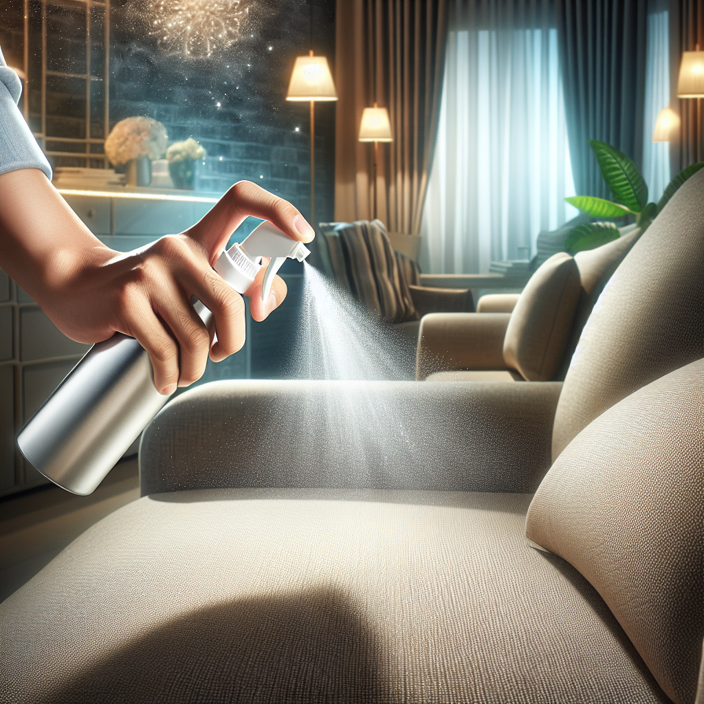 A close-up shot of a hand holding an Impresan Geruchsentferner spray bottle, actively spraying a fine mist onto a subtly visible textile surface like a sofa cushion or curtain. The air around the spray is depicted with subtle, shimmering effects, suggesting freshness and the neutralization of unpleasant odors. The background shows a modern, clean home environment, conveying a sense of relief and cleanliness. Professional product photography style, bright lighting, high detail.