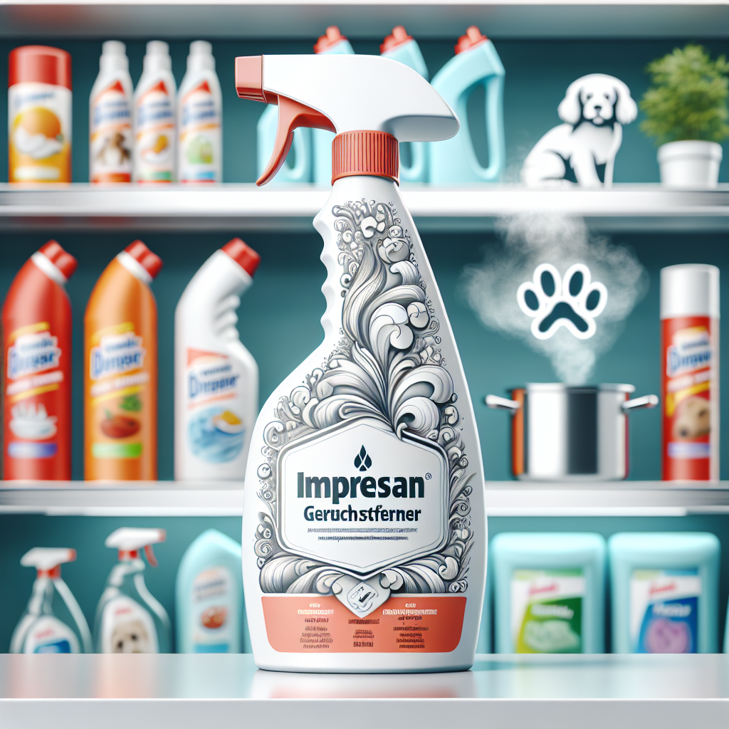 A product shot featuring the Impresan Geruchsentferner spray bottle prominently displayed on a clean, well-lit shelf, hinting at a 'Drogerie' (drugstore) environment with other generic household cleaning products subtly blurred in the background. Around the main product, small, stylized visual elements represent common odor sources: a faint wisp of steam from a cooking pot, a stylized paw print for pet odors, and a wrinkled piece of fabric transforming into a fresh, smooth one. The overall image communicates versatility and effectiveness in various home situations. Bright, inviting, informative.