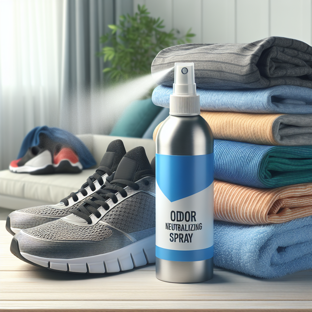 A vibrant, clean image of a pile of freshly used sports clothing (e.g., a running shirt, gym towel) next to a pair of athletic shoes. In the foreground, an Impresan Geruchsentferner spray bottle is clearly visible, emitting a subtle, fresh, clean mist that visually neutralizes a faint, unpleasant cloud of odor originating from the items. The background is bright and airy, suggesting a modern, tidy home environment. Realistic, product photography style.
