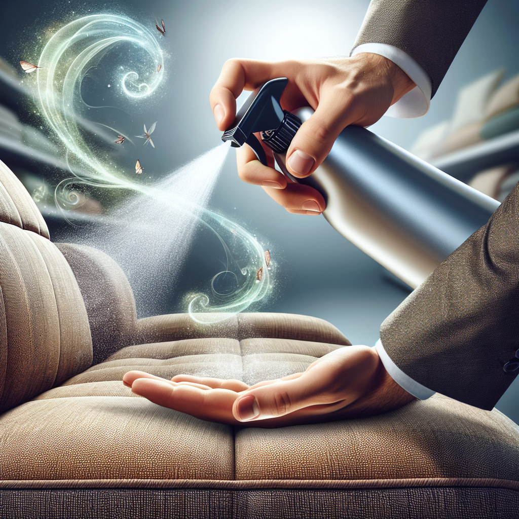 A close-up of a hand holding an Impresan Geruchsentferner spray bottle, aimed at a textured sofa cushion or a car seat fabric. A visible, fine mist is being sprayed onto the fabric, with a visual representation of freshness, like gentle, dissipating swirls of clean air or a light, airy glow. The scene is bright and practical, emphasizing ease of use and immediate effect. A subtle hint of a modern German supermarket aisle (like Rewe) in the blurred background. Realistic, focus on product in action.