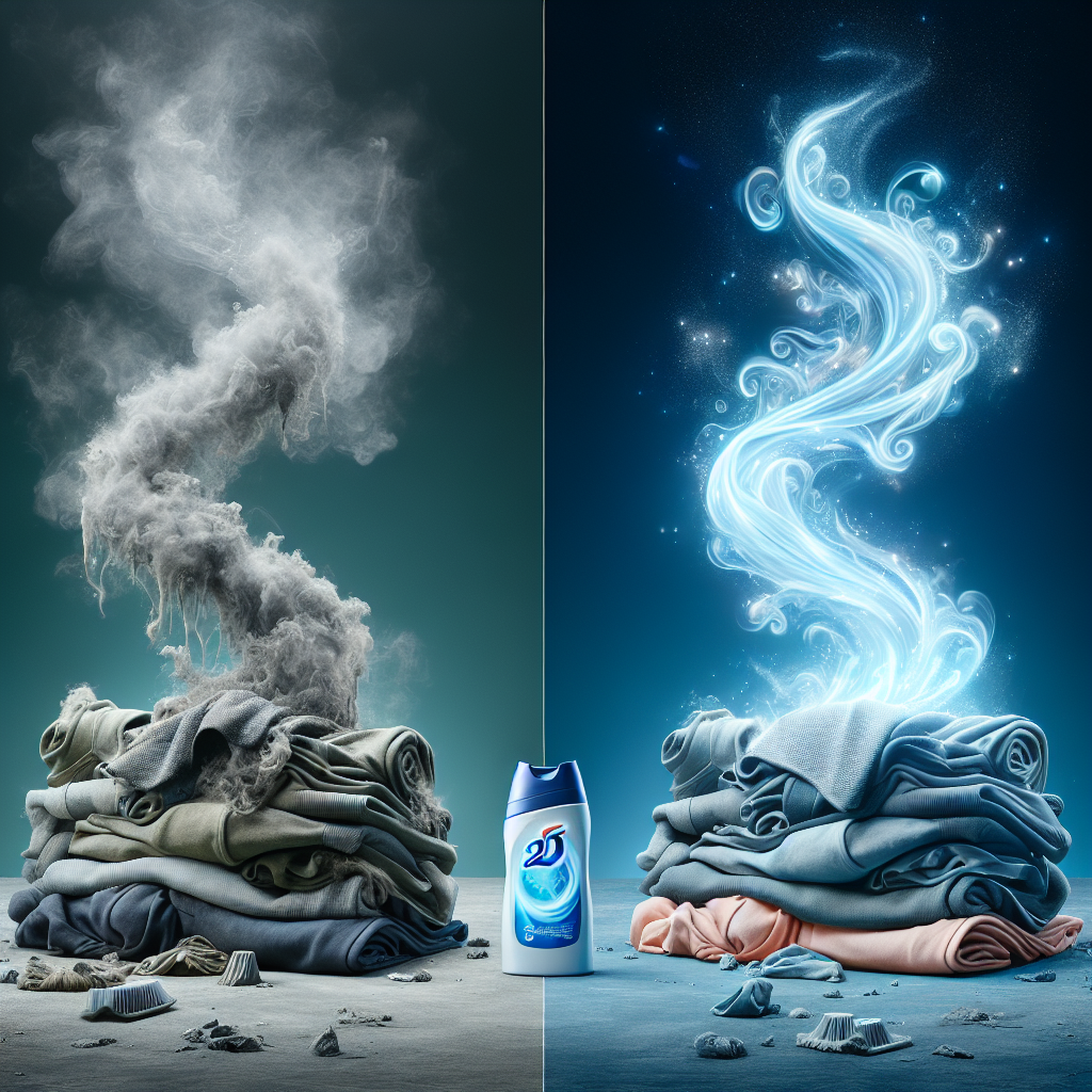 A visual representation of transformation: on one side, a pile of worn, slightly discolored sports clothes and garden garments with subtle, dark grey wisps symbolizing unpleasant odors. On the other side, the same clothes are pristine, vibrant, folded neatly, and enveloped in luminous, light blue and white swirling wisps, representing a powerful, clean, and fresh fragrance. A stylized bottle of 'Impresan 2in1' is subtly placed between the two scenes, visually connecting the transformation. Realistic, high contrast, clean studio lighting.