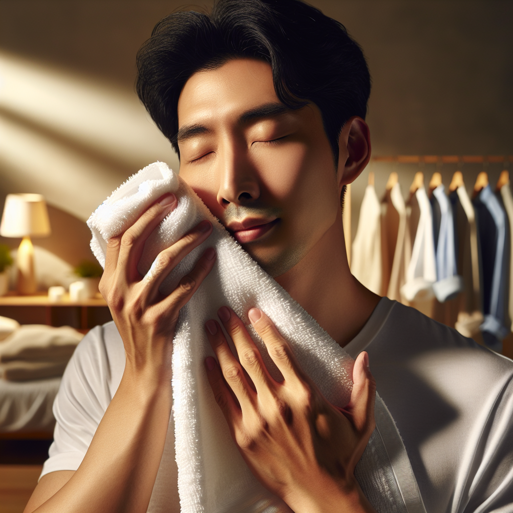 A person with a serene expression gently holds a freshly washed, soft, white towel to their face, inhaling deeply with closed eyes. A subtle, warm, and inviting glow emanates from the towel, suggesting an incredibly pleasant and long-lasting fragrance. In the background, a modern, clean laundry room or bedroom is softly blurred, implying a sense of order and comfort. The image should convey pure freshness, well-being, and the joy of clean laundry. Soft natural light, warm color palette, minimalist aesthetic.