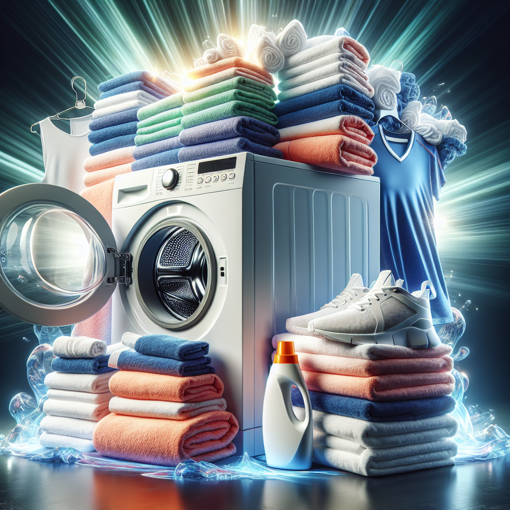 A vibrant stack of freshly washed, perfectly white towels and brightly colored sportswear, emanating a subtle, soft, refreshing glow. In the background, a modern washing machine with a bottle of 'Impresan Geruchsentferner' prominently displayed next to it. The scene conveys ultimate cleanliness, freshness, and effective odor removal. Bright, clean lighting, photo realistic, studio shot.