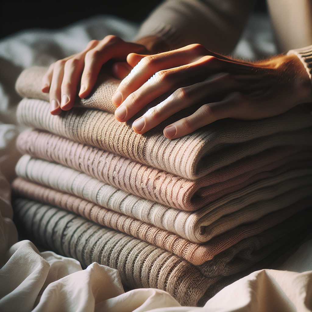 Close-up of hands gently caressing a pile of soft, clean laundry – perhaps a stack of folded sweaters or blankets. The fabrics appear incredibly fresh and fluffy, with a subtle visual representation of a pleasant, delicate fragrance wafting from them. Soft, warm lighting creates a cozy, inviting atmosphere, emphasizing comfort and well-being. Lifestyle photography style, shallow depth of field.