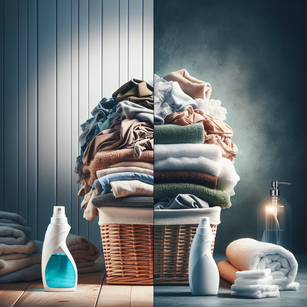 A split image showing on one side a basket of slightly rumpled, dull laundry, hinting at unpleasant odors, and on the other side, a pile of bright, freshly laundered, fluffy white towels and clothes, emanating a sense of cleanliness and freshness. In the foreground, a modern bottle of 'Impresan Geruchsentferner' product is subtly visible. Soft, inviting light, clean minimalist aesthetic.