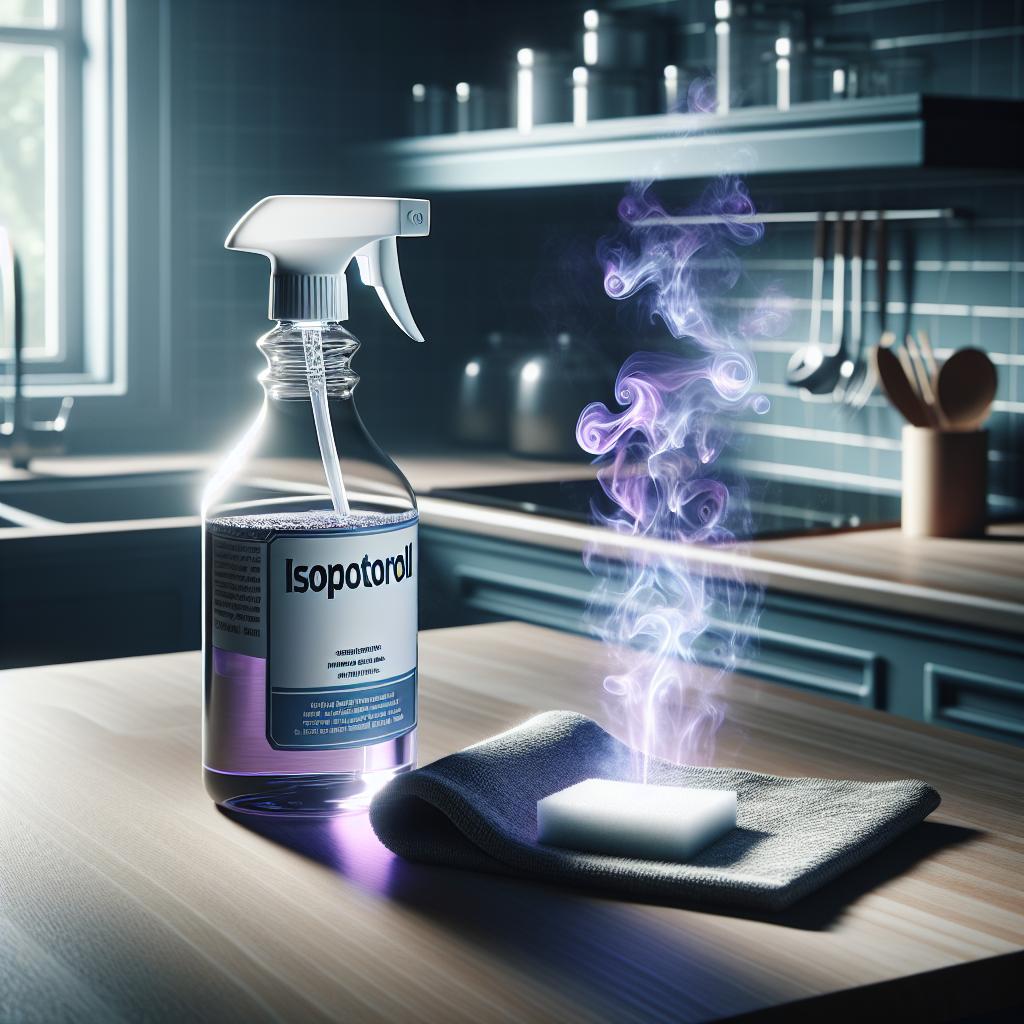A pristine, modern kitchen countertop after cleaning. A bottle of Isopropanol stands next to a damp cleaning cloth. Visually distinct, slightly shimmering, dark purple chemical vapor wisps are visibly rising from the cloth and lingering in the air, creating a palpable sense of an unpleasant, strong chemical odor. The scene is realistic and detailed, with a slightly sterile and unwelcoming atmosphere.