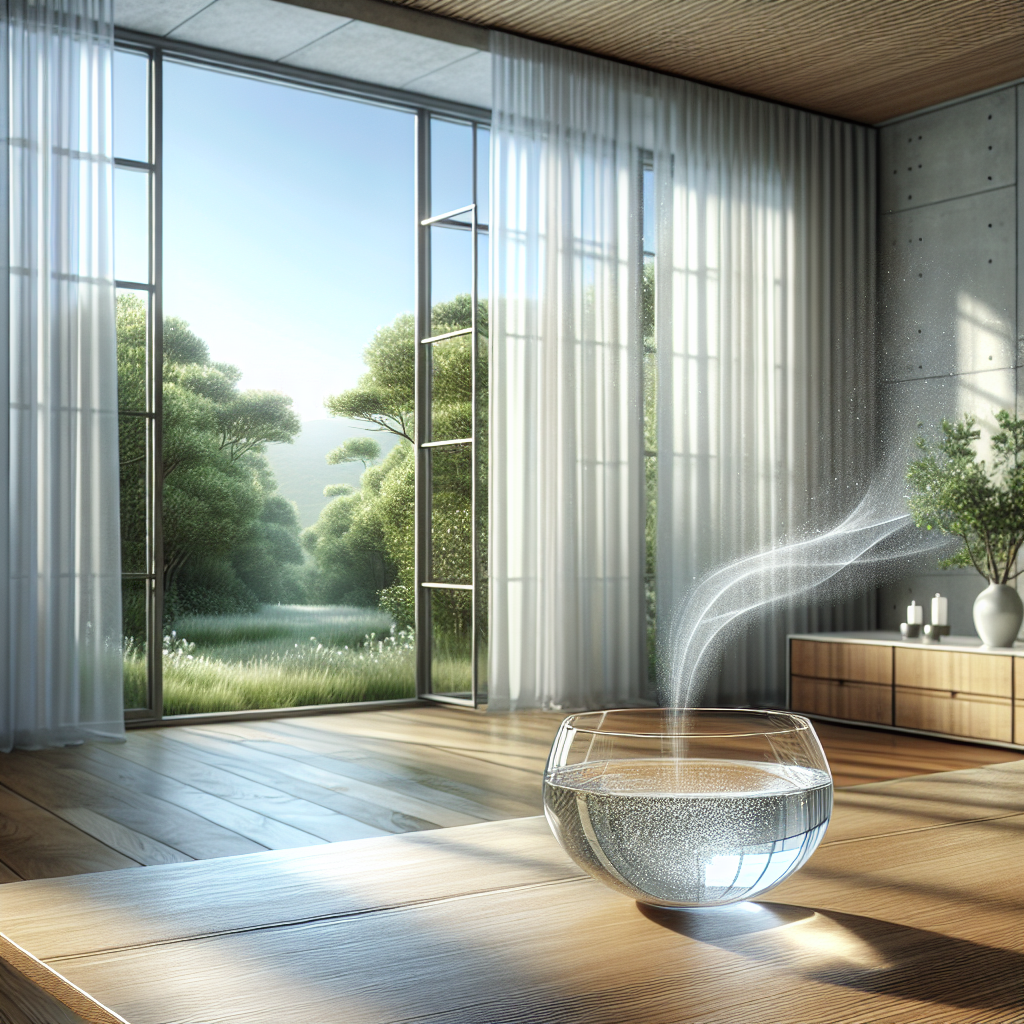 A bright and airy room with wide-open windows, revealing a clear, sunny sky and green leaves outside. A gentle, transparent breeze is visibly flowing into the room, carrying away faint, wispy traces of a disappearing chemical odor. On a polished wooden table, a simple glass bowl filled with clear white vinegar sits, subtly emanating a clean, neutralizing glow. The overall mood is fresh, clean, and serene, symbolizing effective odor removal. Photorealistic, soft natural light.