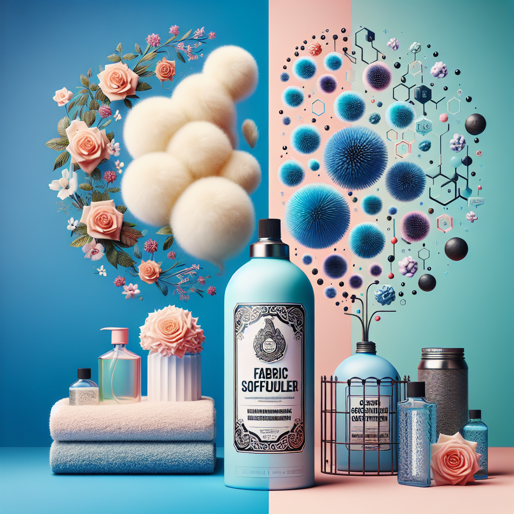 A split image visually contrasting fabric softener and odor remover. On the left side, a stylized bottle of 'Weichspüler' (fabric softener) with a fluffy, soft towel, enveloped in a cloud of gentle, pleasant floral fragrance notes. The scene is soft, comforting, and pastel-toned. On the right side, a stylized bottle of 'Geruchsentferner' (odor remover) with a rugged sports shirt or pet blanket, showing abstract 'bad odor' molecules visibly dissolving or being neutralized into clean air. The scene is clean, clear, and focused on neutralizing action. Bright, informative, comparative style.