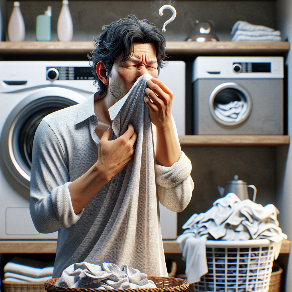 A person in a modern laundry room, holding a freshly washed, soft, and perfumed garment (like a T-shirt or towel) to their nose. Their facial expression is a mix of slight confusion and disappointment, subtly indicating that while the item smells fresh from the fabric softener, the underlying persistent bad odor hasn't truly disappeared. A faint, stylized question mark hovers above their head. Realistic lighting and details on fabric texture and expression.