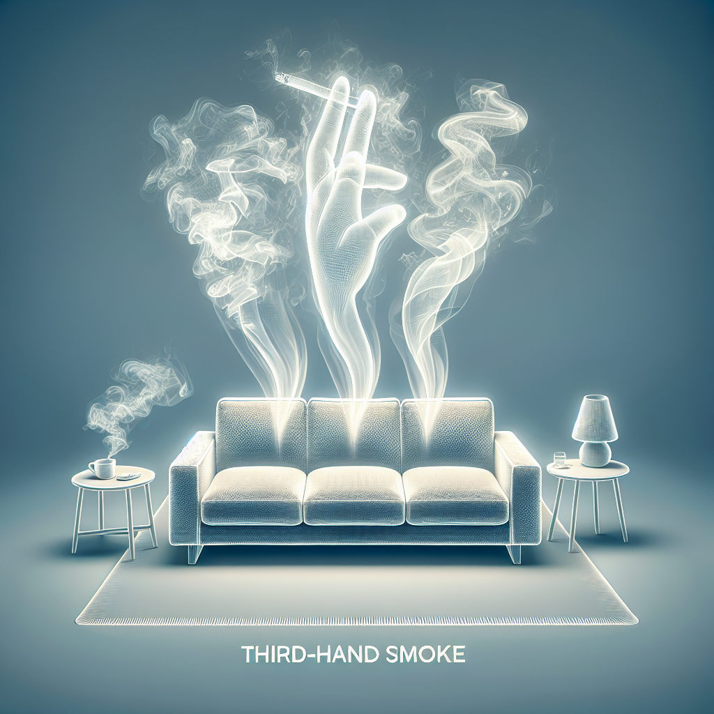 An illustrative image depicting the concept of 'third-hand smoke' as an invisible threat. In a seemingly clean and bright room (e.g., a living room or child's bedroom), a faint, ethereal, almost transparent vapor or energy is subtly rising from common household surfaces like a sofa cushion or a rug, gently swirling in the air. This symbolizes unseen nicotine residues being re-emitted and potentially inhaled. Clean, modern aesthetic with a hint of unsettling subtlety.