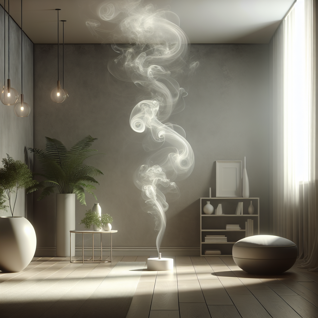 A modern, clean home interior with a subtle, translucent, swirling grey-green mist emanating from an unseen source in a corner, symbolizing an unpleasant, musty mold smell. The atmosphere is slightly unsettling, with soft, natural lighting. Blog article style.