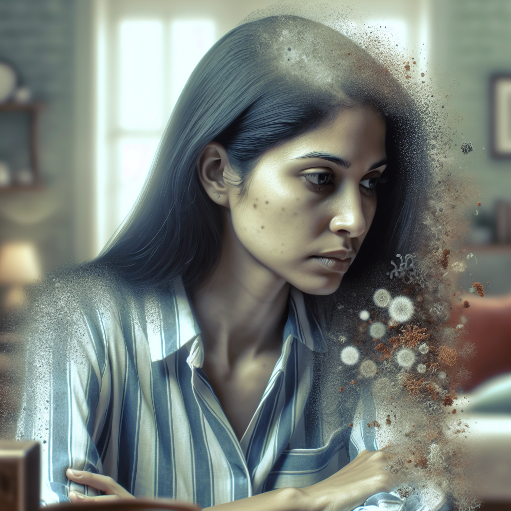 Close-up of a person looking slightly unwell or with a mild headache in a domestic setting, with microscopic mold spores and ethereal, invisible mycotoxins subtly rendered as a faint haze around their head, illustrating the hidden health risks of mold smell. Realistic, soft focus.