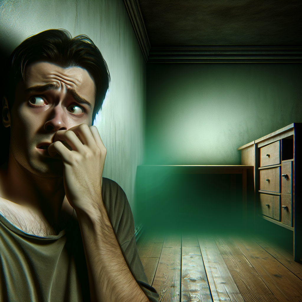 A concerned person, slightly pinching their nose, standing in a subtly dim and ordinary room. A faint, almost invisible, musty green haze or ethereal wisp of odor seems to emanate from a hidden corner or under a baseboard, symbolizing an unseen mold smell. The atmosphere is unsettling, hinting at an invisible threat. Realistic photograph.