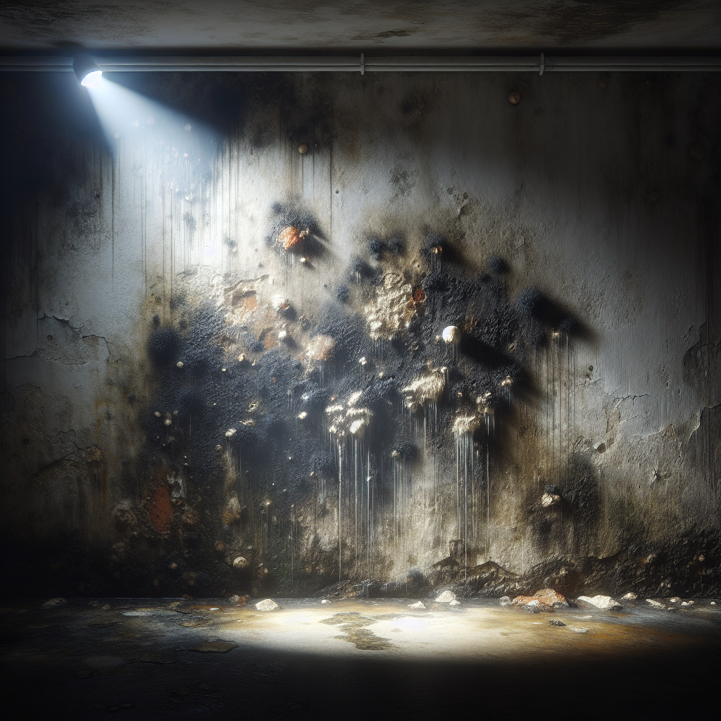 An atmospheric close-up of a damp, neglected basement or bathroom wall. Water stains and subtle, dark fuzzy patches of mold are visible on the peeling paint or concrete. A single, weak beam of light cuts through the gloom, highlighting dust particles in the heavy, humid air. The overall mood is one of decay, dampness, and an unhealthy environment. Realistic photograph, high detail.