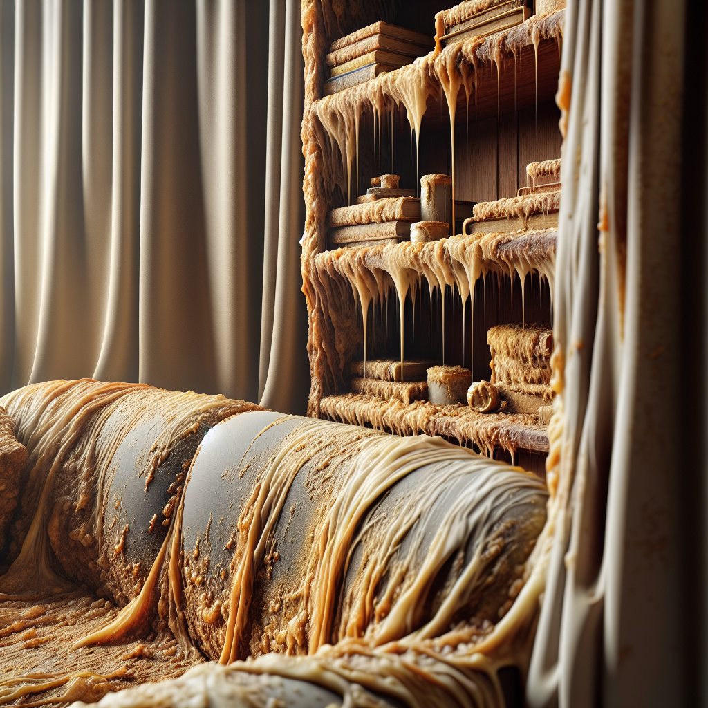 A detailed close-up of a living room scene where the stale, persistent odor of old nicotine is visibly represented. Imagine a yellowish-brown, slightly sticky haze clinging to fabric curtains, a wooden bookshelf, and a plush sofa. The air itself seems heavy and discolored with these lingering residues, even though there's no active smoke. Focus on the texture and aged appearance of the affected surfaces, conveying a sense of deep impregnation. Realistic, high detail.