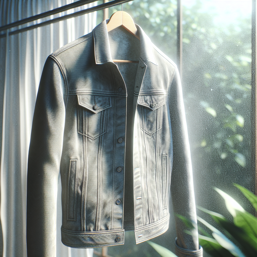 A stylish, slightly rumpled jacket, perhaps a denim or light wool blend, hanging outdoors on a wooden hanger, gently swaying in a fresh breeze. Sunlight subtly illuminates the jacket, suggesting renewed freshness and cleanliness. In the blurred background, natural elements like green leaves or an open window are visible. The atmosphere is light and airy, conveying a sense of natural purification without washing. High detail, photorealistic, inviting light.