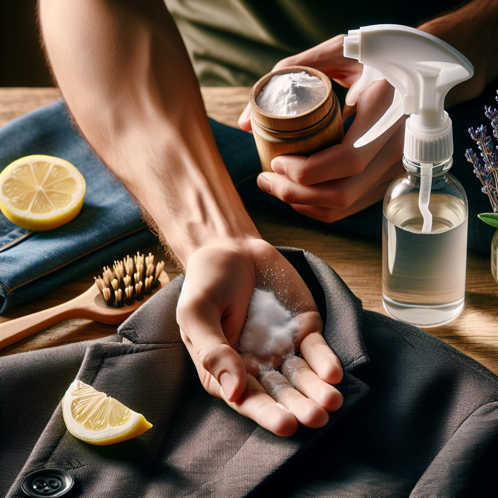 A close-up shot focusing on natural home remedies for refreshing a jacket. A hand gently sprinkles white powder (baking soda) onto the inner lining of a dark fabric jacket, which is laid flat. Next to it, a simple glass spray bottle filled with a clear liquid (hinting at vinegar solution) stands ready, possibly with a few sliced lemons or a sprig of lavender nearby on a clean wooden surface. The scene is bright and clean, emphasizing gentle, natural care without laundry. Photorealistic, warm lighting, high detail.