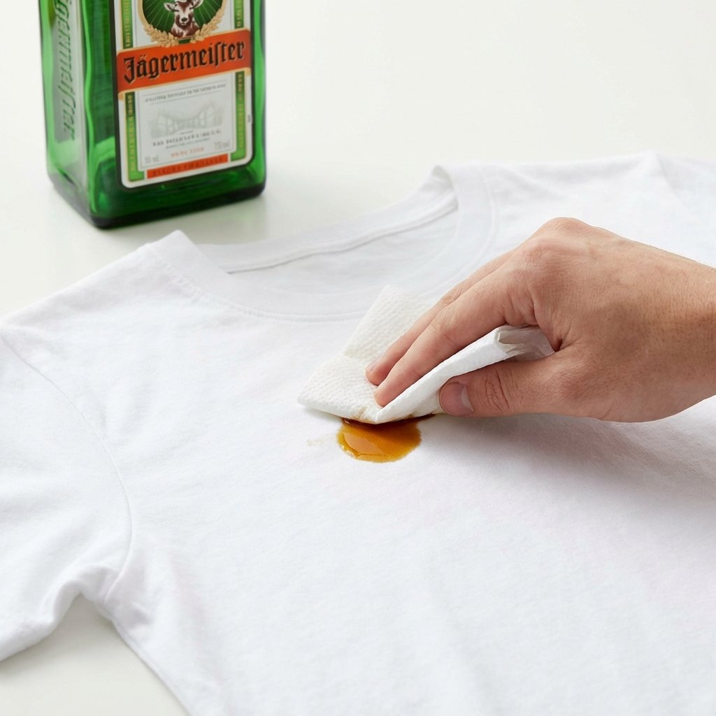 A professional, brightly lit top-down photo capturing a small, dark brown Jägermeister spill creating a fresh stain on a crisp white fabric surface, possibly a t-shirt or tablecloth. A human hand, with a clean appearance, is gently dabbing the fresh spill with a clean, folded white paper towel, carefully absorbing the liquid. The iconic Jägermeister bottle is slightly visible in the background, out of focus, suggesting the source. The scene should convey a sense of immediate, careful action in stain removal with a clean and clear aesthetic.