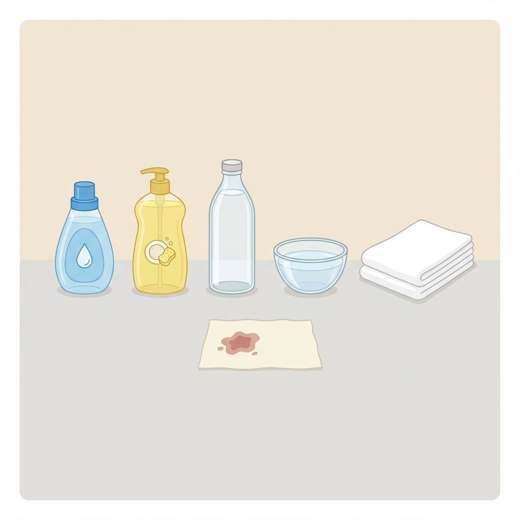 A clean, minimalist flat illustration in an infographic style, depicting a collection of household items arranged neatly on a light-colored surface. Visible elements include a small bottle of liquid laundry detergent, a bottle of mild dish soap, a clear bottle of white vinegar, a small clear bowl filled with cold water, and a neatly folded clean white cloth. A small, subtly stained swatch of light fabric (indicating a pre-treated Jägermeister stain) is placed near the cleaning items. The overall aesthetic should be simple, clear, and organized, emphasizing the tools for effective stain removal.