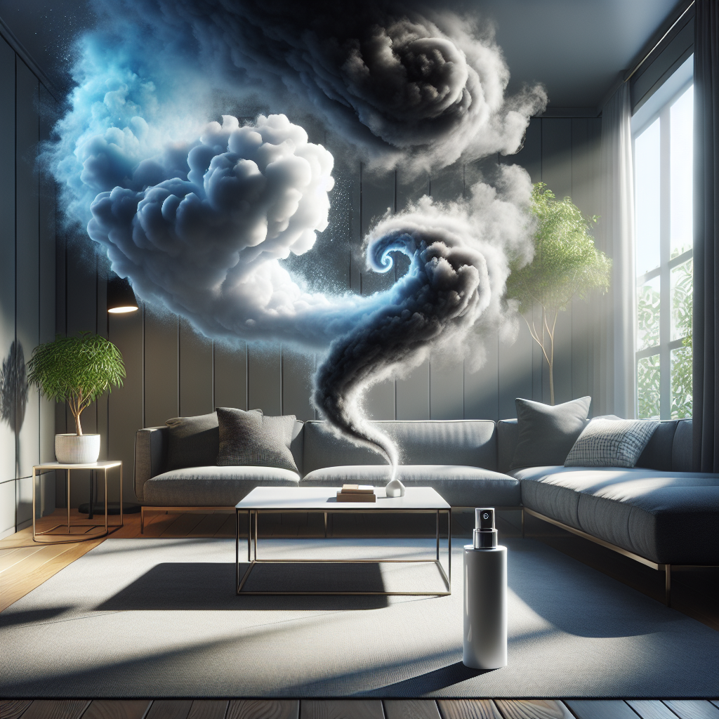A visual metaphor for unpleasant odors disappearing and fresh air emerging. Imagine dark, swirling clouds of bad smell dissipating from a stylish home interior (e.g., living room) as bright, clean air takes its place. A modern, minimalist spray bottle, subtly hinting at an odor eliminator, stands on a clean table. The overall mood is one of instant freshness and relief. Photorealistic, soft natural light.
