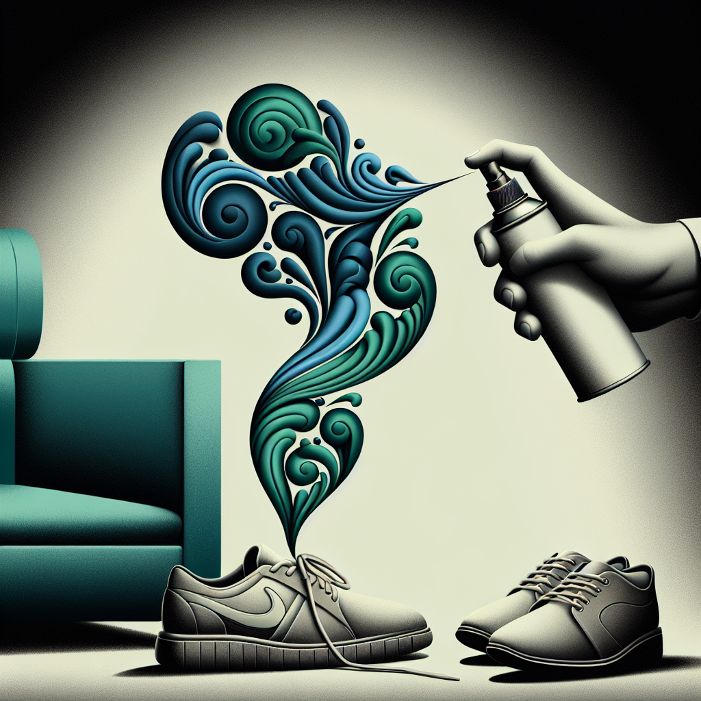 A modern hand holding a sleek, unbranded white spray bottle, aiming at a pair of everyday shoes or a sofa cushion from which subtle, faint grey wisps are rising, representing an unpleasant odor. Simultaneously, delicate, fresh green or blue swirling lines are replacing the grey wisps, symbolizing odor neutralization and a clean, fresh home atmosphere. Soft, bright lighting, minimalist aesthetic.