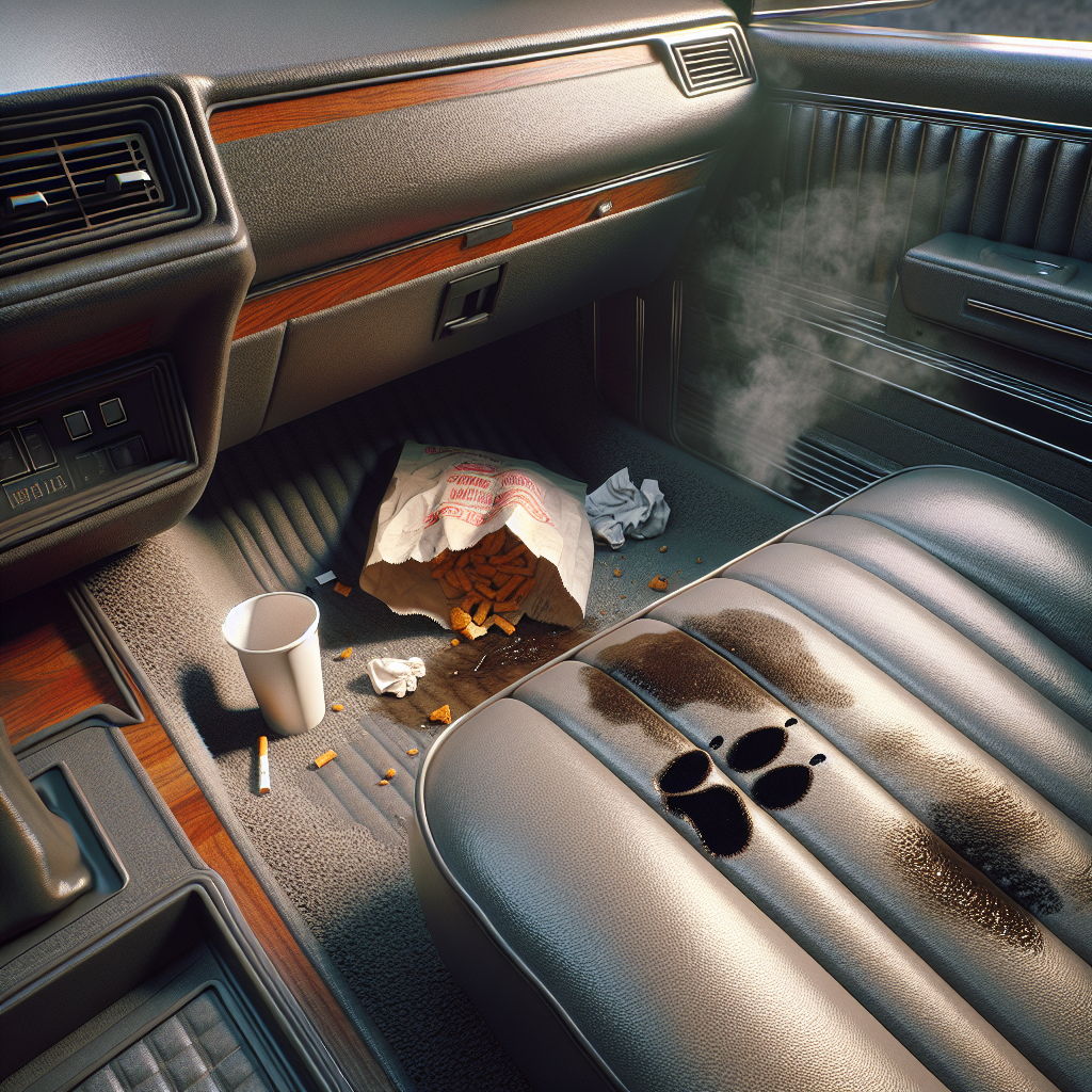 A car interior, close-up, depicting various sources of unpleasant odors: a crumpled fast-food bag on the passenger seat, a faint wisp of cigarette smoke curling up, a dark coffee stain on the floor mat, and a subtle wet dog paw print on the upholstery. The atmosphere is stale and uninviting. Photorealistic, high detail.