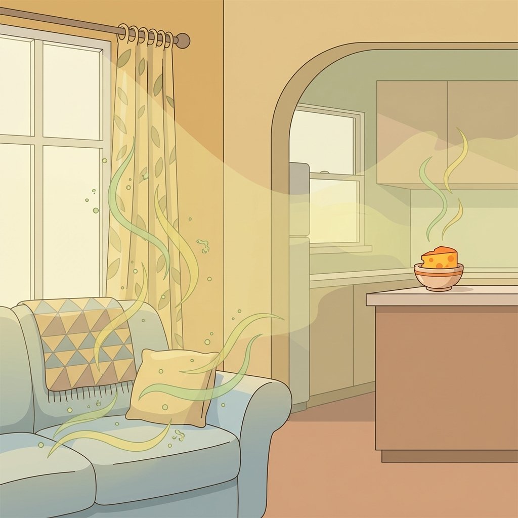 A vibrant, clean flat illustration depicts an interior apartment scene. In the foreground, a comfortable sofa and patterned curtains absorb subtle, swirling green and yellow wisps, representing the lingering cheese odor. These invisible smell molecules are seen gently embedding into the fabric. In the background, a small, open container of strong cheese on a kitchen counter subtly emits more of these odor wisps, indicating the source. The overall atmosphere is slightly muted by the pervasive smell, awaiting a fresh solution. The style should be approachable and clear, suitable for a blog post.