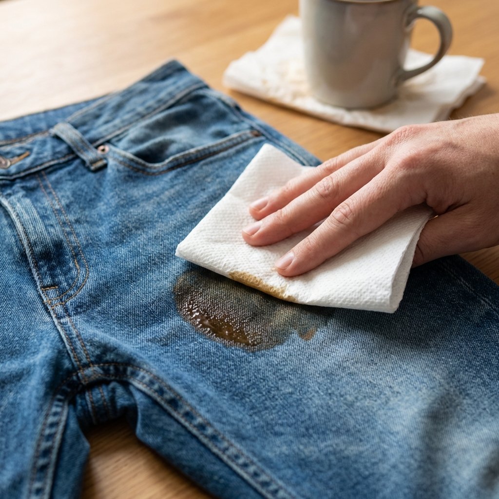 A close-up, high-angle professional photo depicting the immediate action after a coffee spill. The scene focuses on a pair of slightly wrinkled blue denim jeans with a fresh, realistic brown coffee stain. A hand, holding a clean, white paper towel or cloth, is gently dabbing the outer edge of the stain. The background is softly blurred, hinting at a casual setting like a kitchen table with a ceramic coffee mug. The emphasis is on the gentle, non-rubbing motion, illustrating the 'blotting' technique to prevent spreading.