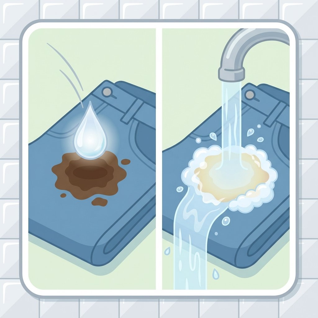 A bright, clean flat illustration showing a sequential process of stain removal. The left side depicts a section of blue denim jeans with a noticeable coffee stain. A small droplet of clear dish soap is gently being applied to the stain by an unseen hand. On the right side, the same section of jeans is shown under a stream of cool, clear water flowing from a faucet, with subtle bubbles indicating the washing process. The coffee stain is visibly lighter or almost gone, symbolizing the effectiveness of the method. The illustration uses a soft color palette with a focus on hygiene and cleanliness.