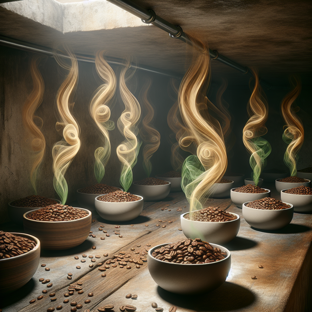 A slightly dim and musty-looking corner of a room, possibly a cellar or bathroom, with subtle visual cues of an unpleasant odor like faint green-grey wisps in the air. In the foreground, small, minimalist bowls filled with dark, freshly ground coffee are strategically placed. From the coffee, warm, inviting golden-brown tendrils of aroma actively push back and neutralize the unpleasant wisps, symbolizing natural odor elimination. Realistic, high-detail photography, soft, contrasting lighting.