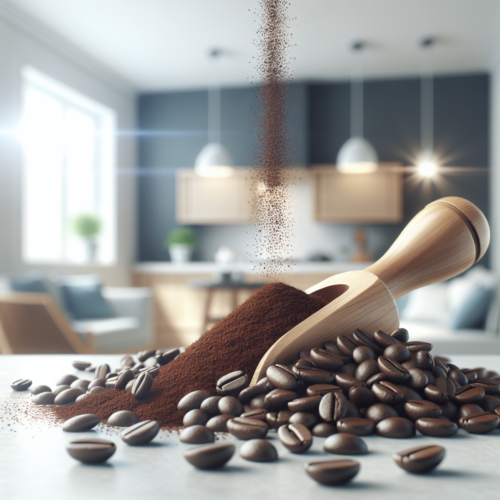 A close-up of rich, dark roasted coffee beans and freshly ground coffee spilling from a natural wooden scoop onto a clean, light surface. In the background, subtly out of focus, is a bright and airy modern home interior, suggesting freshness and cleanliness. The image symbolizes coffee as a powerful, natural odor neutralizer, transforming an environment from unpleasant to fresh. High-resolution, natural light, inviting and crisp aesthetic.