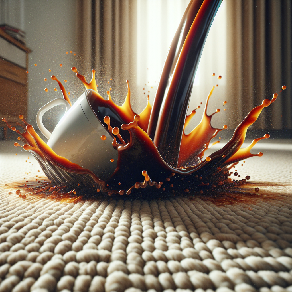 A dynamic close-up photo of a coffee cup tipping over, spilling dark brown coffee onto a light-colored, textured living room carpet. The coffee is actively splashing, creating a moment of impact. The scene captures the immediate aftermath of a common household mishap, with warm, inviting lighting.