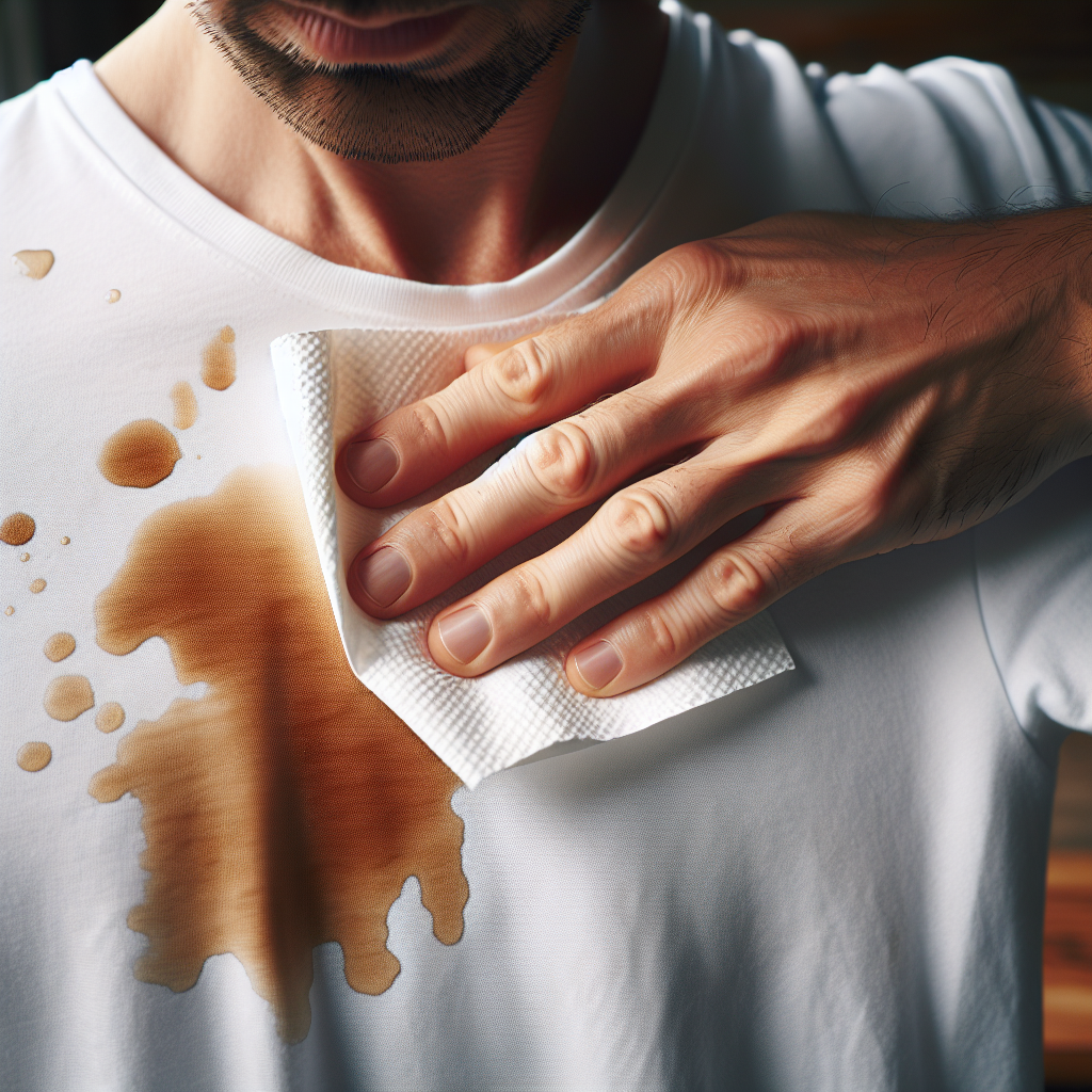 A clean, well-lit close-up photo showing a hand gently dabbing a fresh coffee stain on a white t-shirt with a white, absorbent cloth or paper towel. Water droplets or a subtle hint of cleaning solution are visible on the fabric. The background is softly blurred, suggesting a home environment.