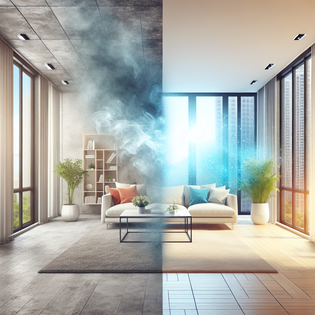 A modern, bright living room. On one side, a faint, almost visible, stale odor lingers, depicted by slightly muted colors and a subtle 'smoky' texture in the air. On the other side, the room transforms into a vibrant, airy space with open windows, letting in sparkling natural light and conveying a strong sense of clean freshness. The image should visually contrast the lingering smell with the desired fresh atmosphere.