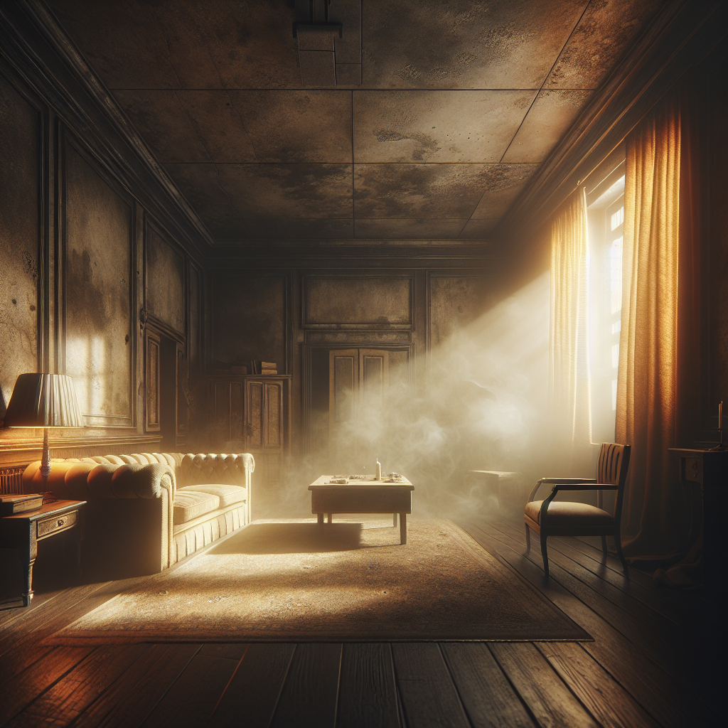 A dimly lit, neglected living room interior, subtly permeated with a visible, yellowish-brown haze, symbolizing stale cigarette smoke. Old, discolored curtains, a worn sofa, and a general atmosphere of griminess and heavy, lingering unpleasantness. Realistic photo, shot with a wide-angle lens.