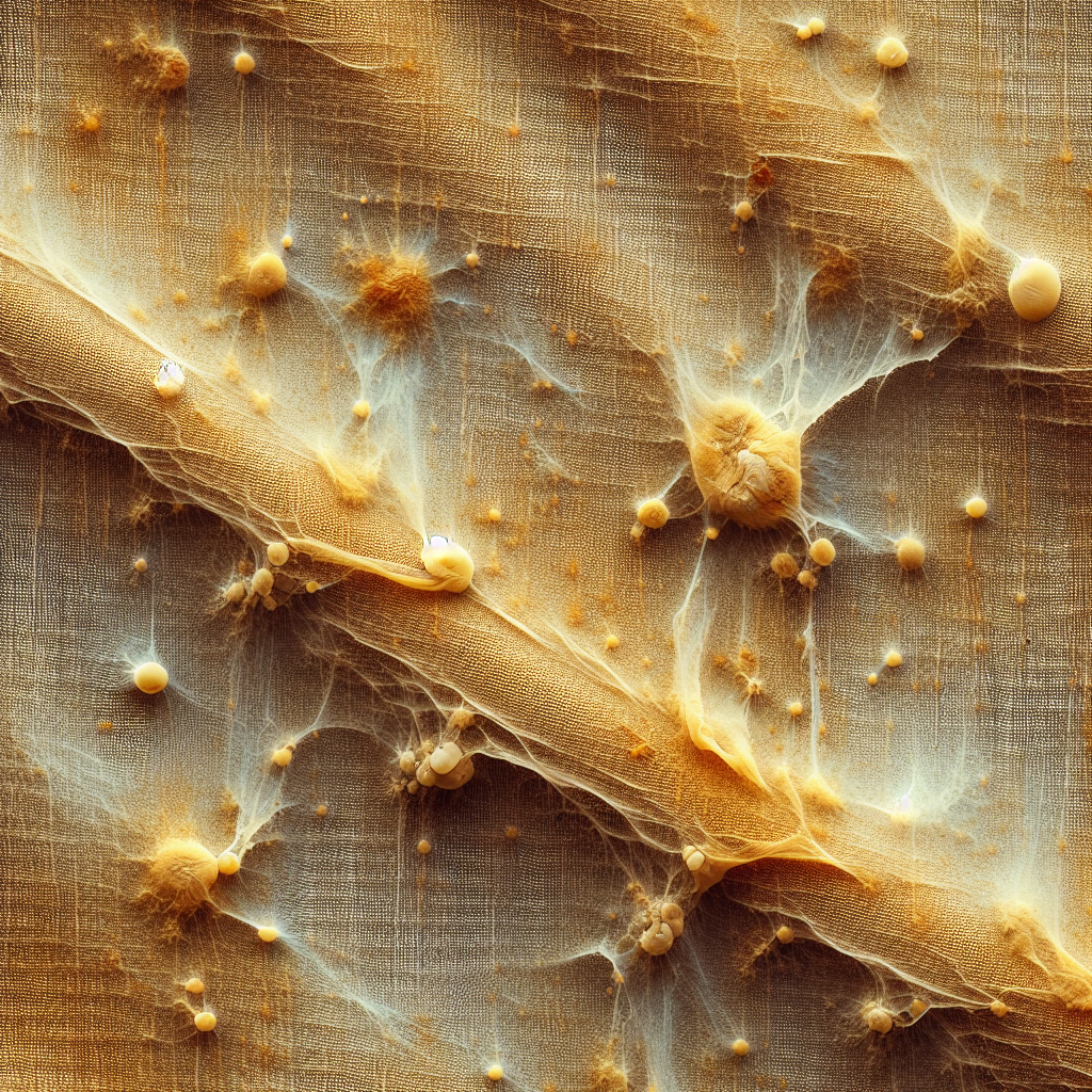Close-up of an old, faded fabric, like a curtain or upholstery, showing subtle yellowish-brown discoloration and a fine, almost sticky film adhering to the fibers. Abstract, ghostly wisps of 'smell particles' cling to the material, suggesting a persistent, cold tobacco odor. Focus on realistic texture and the unpleasant residue.