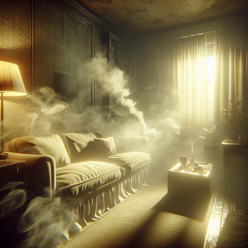 A cozy but slightly dingy living room, subtly permeated by a yellowish, ethereal haze representing stale cigarette smoke. The light is dim, highlighting the heavy, unpleasant atmosphere. Furniture and textiles look slightly worn, emphasizing the stubbornness of the odor. Realistic photography, moody lighting, detailed textures.