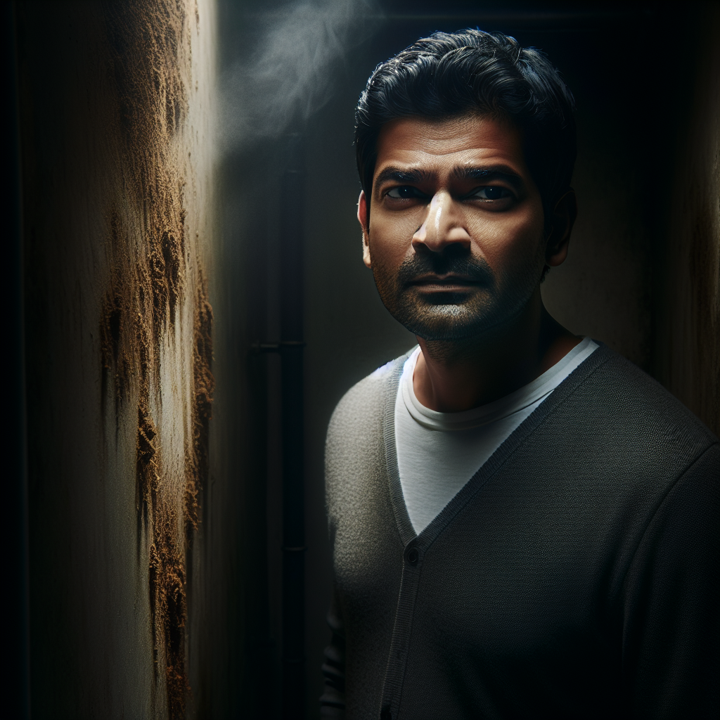 A person standing in a slightly shadowy, damp-looking corner of a room, perhaps a basement or a bathroom. Their expression shows a subtle reaction, a slight wrinkle of the nose, indicating a distinct musty, earthy smell. Around them, the air appears heavy, with a faint, almost visible aura of the unpleasant odor emanating from a dark wall or crevice, suggesting an unseen problem. The lighting is atmospheric, conveying a sense of discomfort and a warning sign. Realistic, cinematic style.