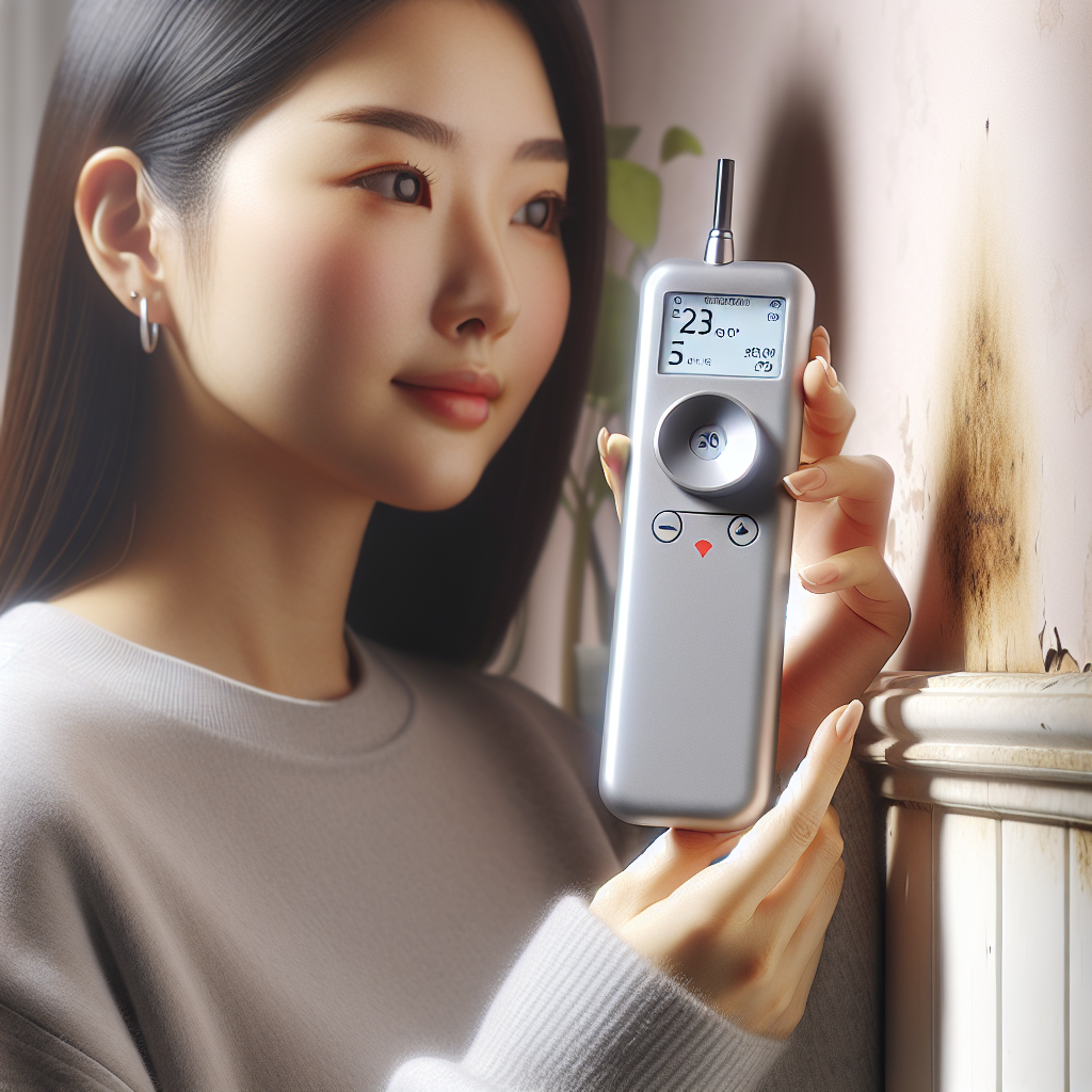 Close-up shot of hands holding a sleek, modern digital VOC (Volatile Organic Compound) sensor or a humidity meter. The device is actively pointed towards a subtle stain or slightly discolored patch on a wall in a residential setting. The device's screen clearly shows an elevated reading, indicating a potential issue. The overall image conveys the scientific detection of an unseen problem, focusing on the act of measurement and investigation. Realistic, clean, and focused on the interaction between human, device, and environment.
