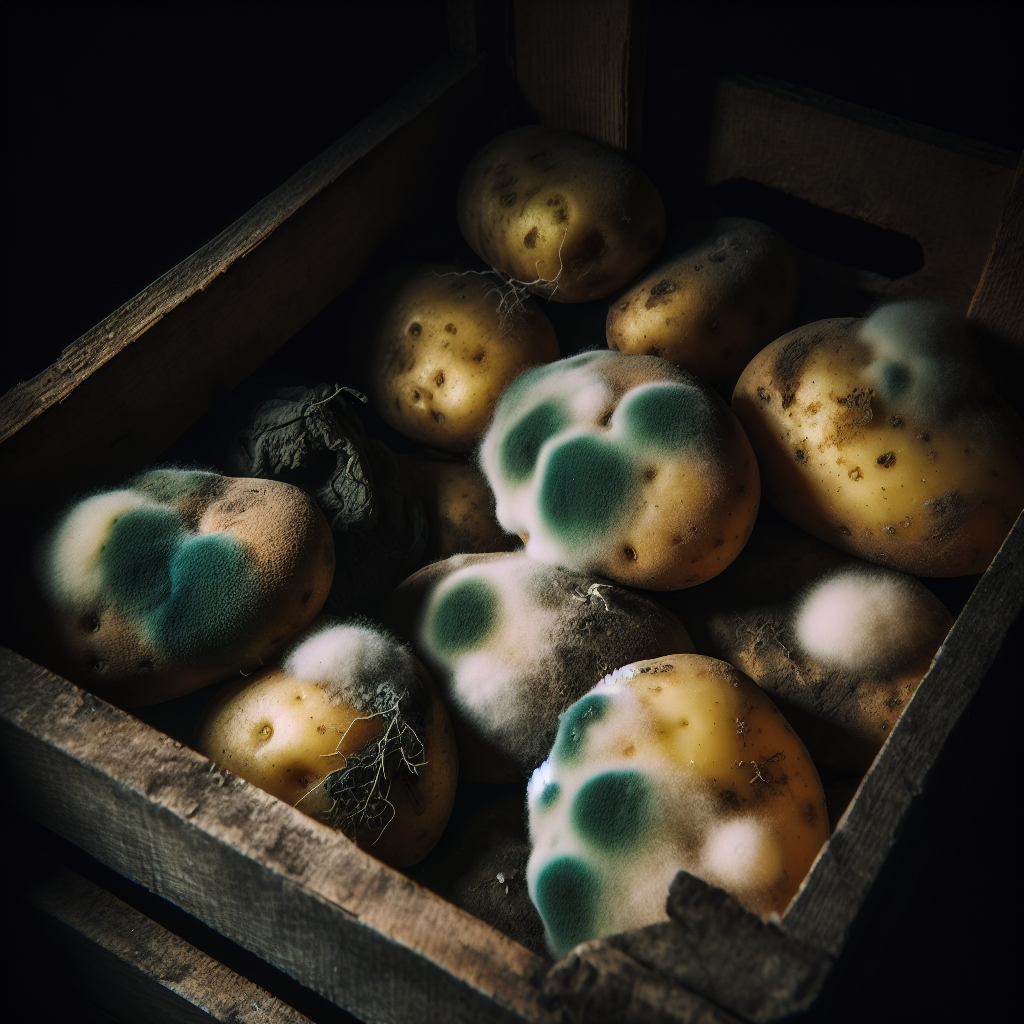 A close-up, dimly lit shot of several neglected potatoes in a wooden crate or a dark corner of a pantry. Visible patches of green, white, and black mold cover the surface of some potatoes, with one appearing soft and leaking a dark liquid. The atmosphere should be slightly melancholic and emphasize decay, creating a visual representation of the 'Kartoffel Schimmel Geruch'.