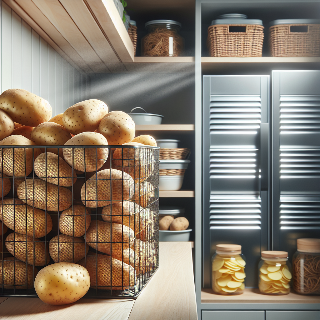 A clean, well-lit kitchen pantry or storage shelf, featuring a stack of fresh, firm potatoes neatly arranged in an open, breathable wire basket. The background shows good ventilation and an organized, hygienic environment, emphasizing proper storage to prevent mold. The image should convey freshness and cleanliness.