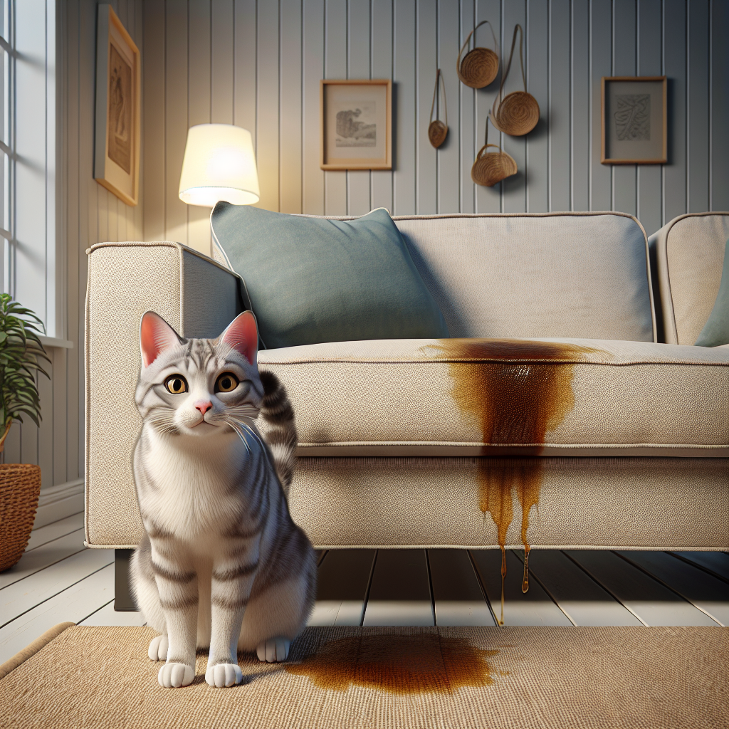 A domestic cat looking confused or slightly guilty, standing next to a fresh, noticeable urine stain on a light-colored fabric sofa in a cozy living room. The scene has a slightly distressed or urgent atmosphere. Realistic style.