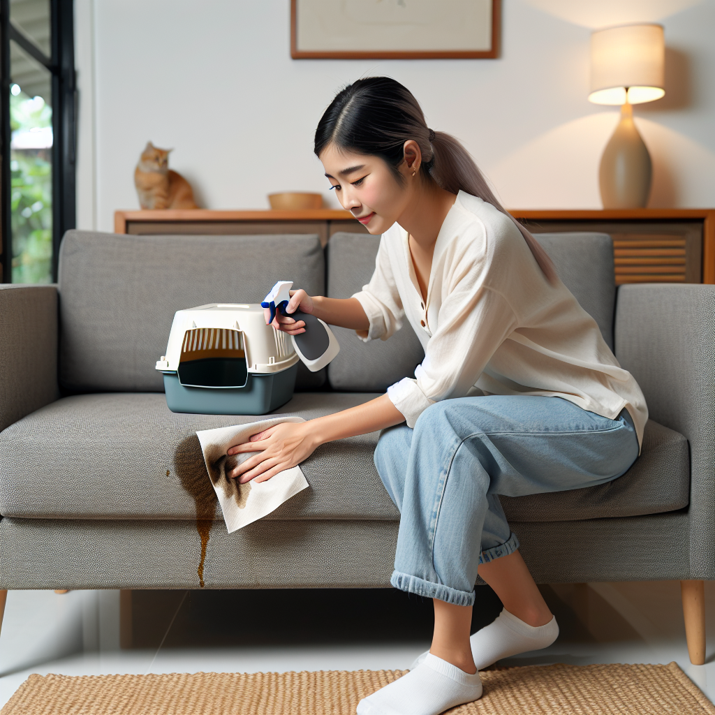 A person diligently cleaning a sofa with specialized pet odor remover and a cloth, tackling a spot where a cat previously urinated. In the background, a perfectly clean and inviting cat litter box is visible, suggesting a solution or preventive measure. Realistic, clean aesthetic, focusing on problem-solving.