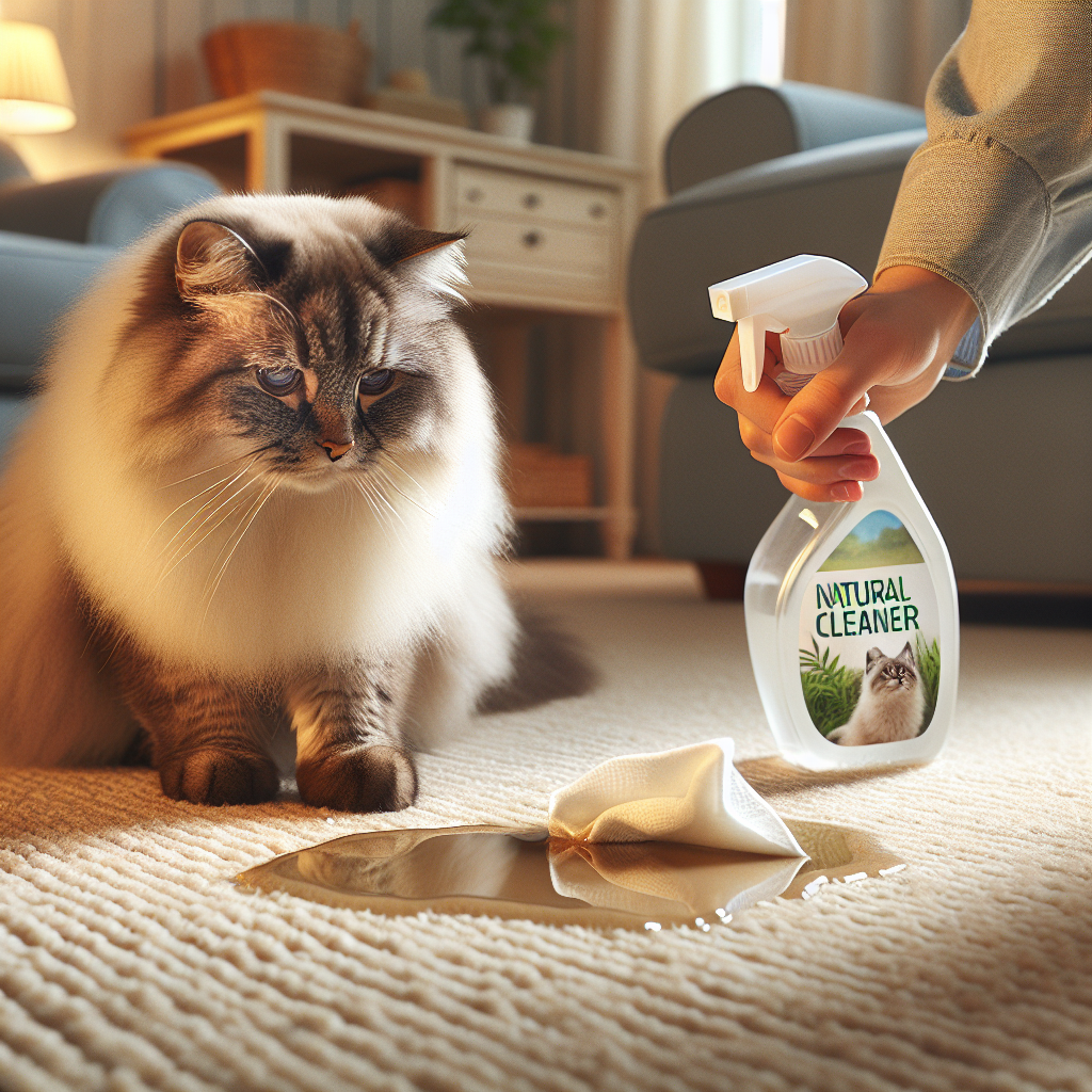 A fluffy, content cat sitting calmly next to a small, subtle liquid stain on a light beige carpet. A human hand, gentle and caring, is in the foreground, dabbing the stain with a white cloth and holding a transparent spray bottle labeled 'Natural Cleaner' with a plant leaf icon. The background is a cozy living room. Realistic, warm lighting, focus on the cat and the cleaning action.