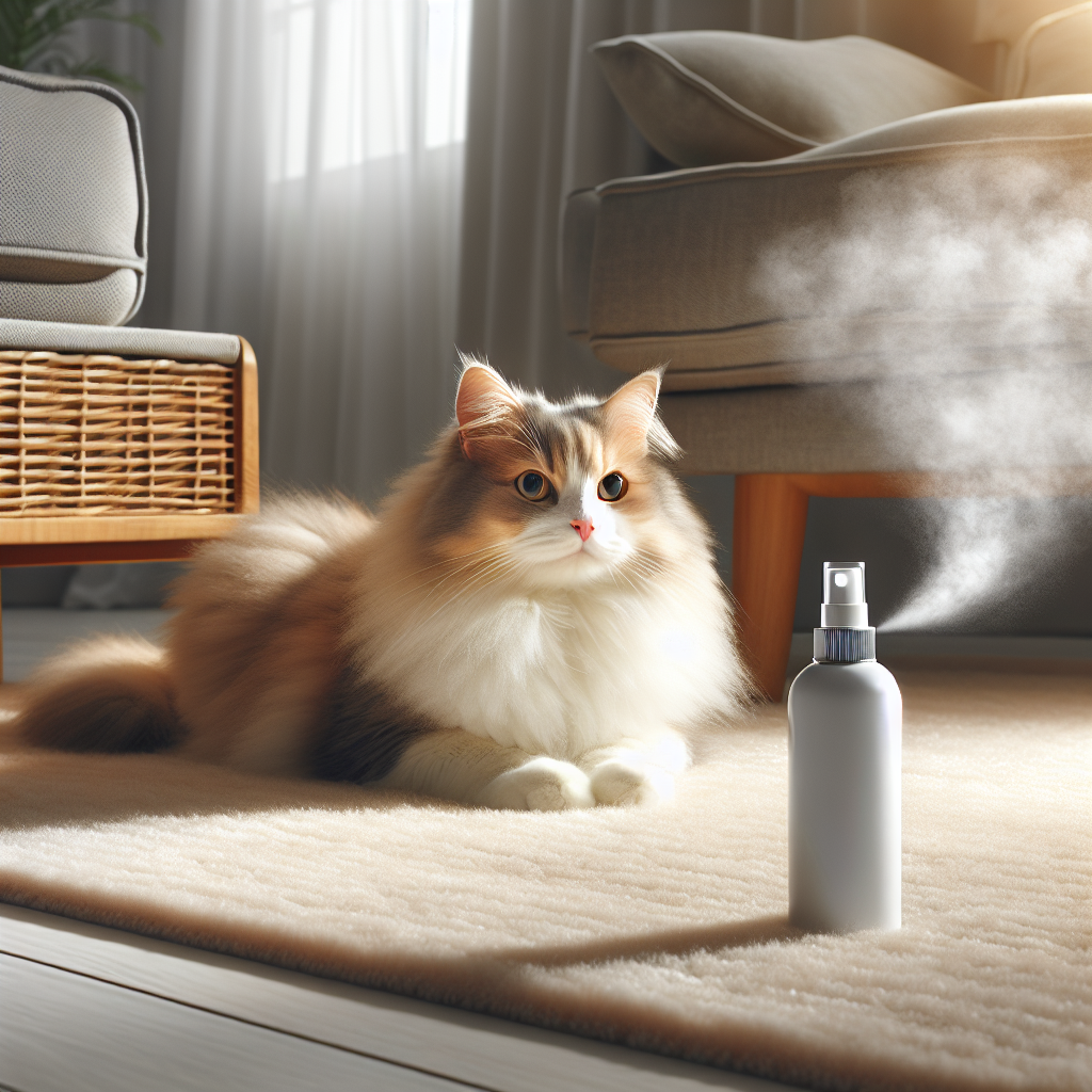 A cozy living room scene with a fluffy, content cat lounging on a clean, light-colored carpet. In the background, a subtle, almost invisible wisp of unpleasant odor (faint grey haze) is dissipating, replaced by an aura of freshness. A generic, sleek spray bottle, hinting at an odor remover, is subtly placed on a side table. Bright, natural lighting, realistic style.