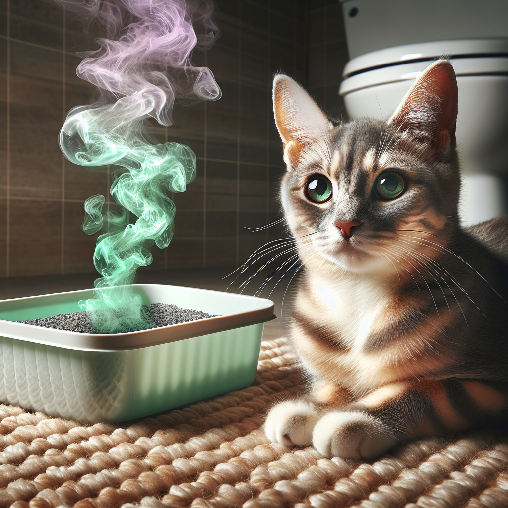 A domestic short-haired cat sits innocently on a clean rug next to a modern litter box. From the litter box area, a subtle, translucent, slightly green-purple vapor gently rises, representing an unpleasant odor in an otherwise clean and well-maintained living room. The cat looks towards the viewer with wide eyes. Realistic photography style, soft focus on the vapor, warm interior lighting.