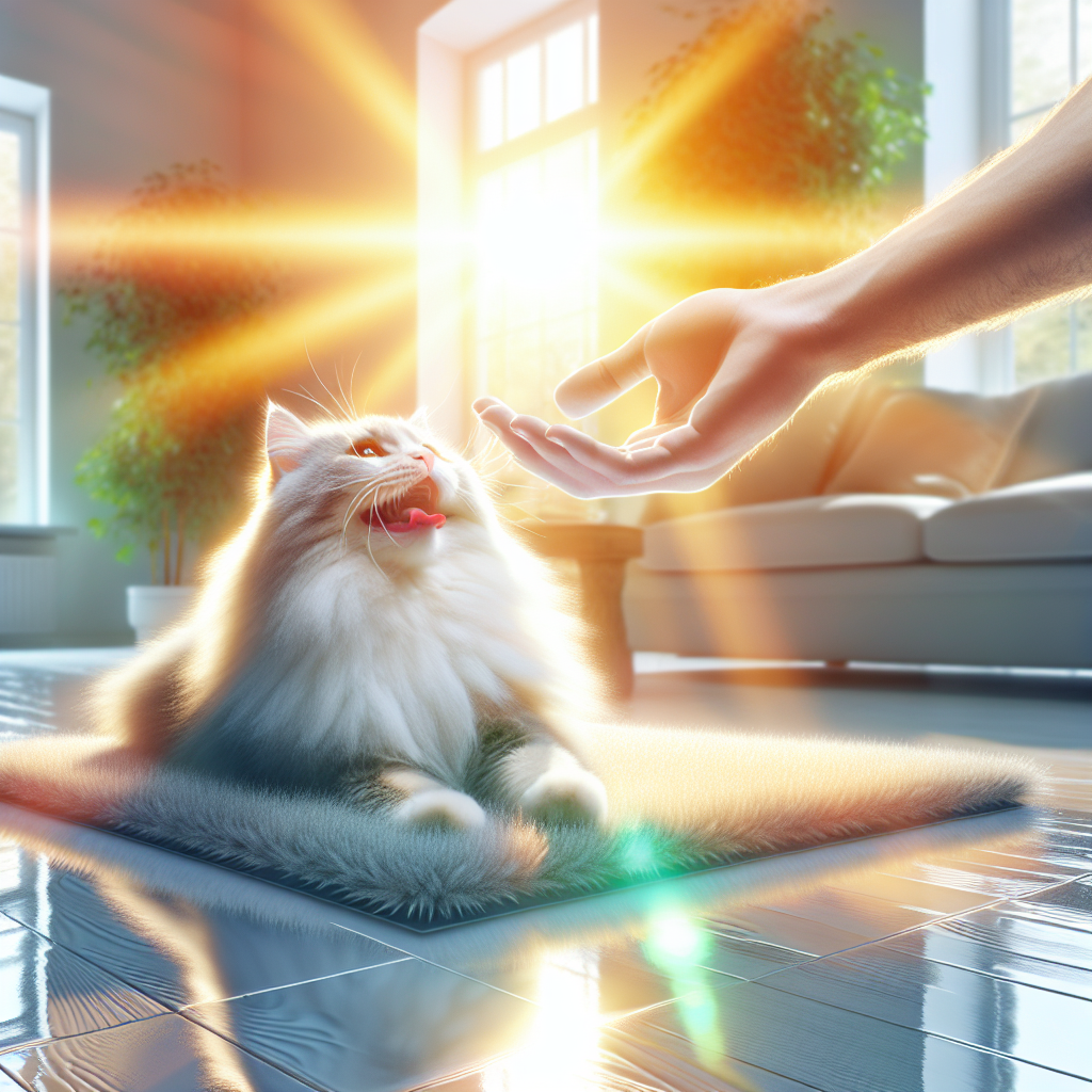 A fluffy, well-groomed cat is happily playing with a toy in a sunlit, impeccably clean living room. The air appears visibly fresh and inviting, with a soft, ethereal glow indicating a pleasant, odor-free environment. No cleaning products are visible, only a sense of freshness and calm. The owner's hand is gently petting the cat. Realistic, bright, and cheerful photography style.