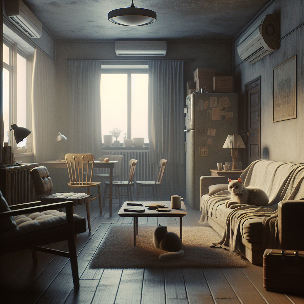 A cozy, slightly dim apartment living room where a cat is relaxing on a sofa. The air in the room has a subtle visual haze or a muted, stale quality, indicating a lingering, unpleasant cat odor. Furniture appears comfortable but perhaps a little tired or in need of refreshing. The overall mood is slightly stuffy and uninviting, depicted in a realistic style with soft, melancholic lighting.