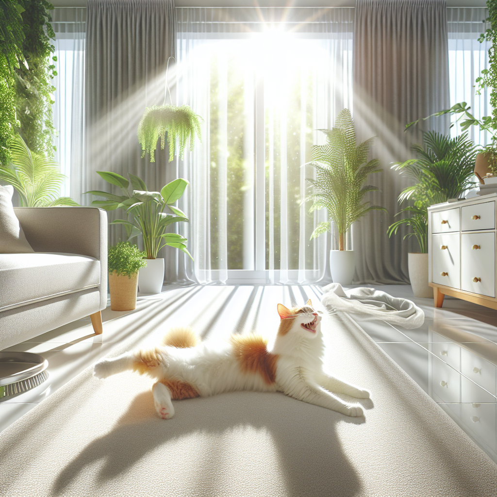 A bright, airy, and impeccably clean apartment living room, sparkling with natural light streaming through a window. A happy, well-groomed cat is playfully stretching or napping on a pristine, fresh-smelling rug. Subtle visual cues of cleanliness and freshness are present, such as vibrant green plants, gleaming surfaces, and sheer curtains gently blowing in a breeze. The atmosphere is light, joyful, and completely odor-free, depicted in a realistic style with cheerful, inviting lighting.