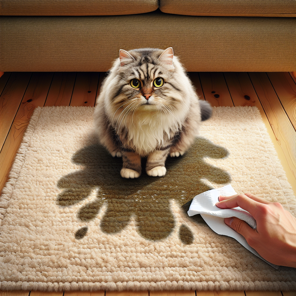 A detailed, realistic photo of a fluffy cat looking slightly sheepish near a barely visible, wet stain on a cozy living room carpet. A subtle, cartoon-like wisp of unpleasant odor is implied. A human hand holds a cleaning cloth, ready to clean. The scene captures the common dilemma of cat pee accidents in a domestic setting, with warm, natural lighting.
